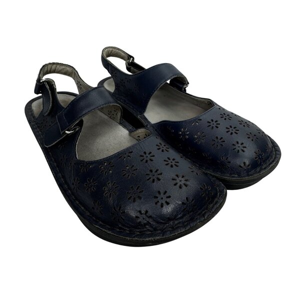 Alegria Womens Sz 8/8.5 Slip Resistant Navy Blue Leather Floral Laser Cut Mary J - Picture 1 of 11